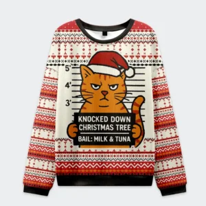 Front view of a cozy beige sweatshirt featuring a cat and 'Knocked Down Christmas Tree' design in vibrant colors.