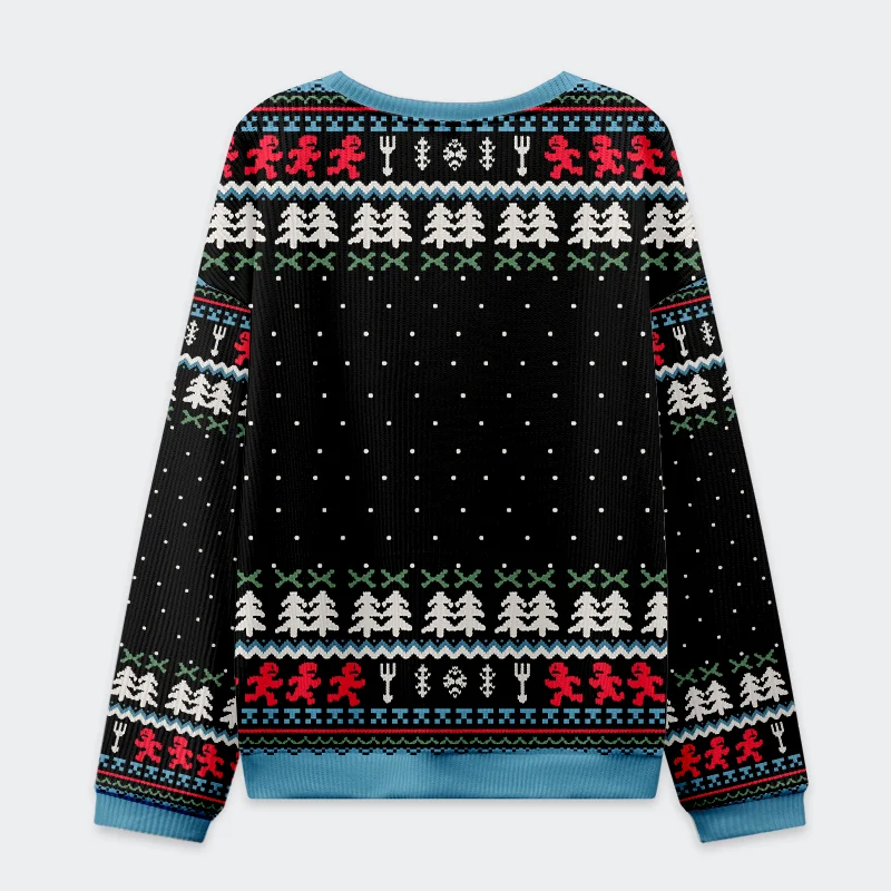 Gingerbread Man Disaster Is Coming Sweatshirt Back view of the gingerbread man disaster is coming sweatshirt showcasing festive patterns with a cozy fit.