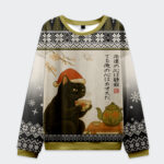 Front view of the black cat drinking tea Christmas ugly sweatshirt featuring a festive design and vibrant colors.