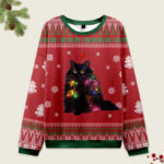 Front view of the lights cat Japanese red Christmas ugly sweatshirt featuring a festive black cat design.