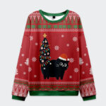 Front view of the purr-fectly festive Christmas cat sweatshirt featuring a black cat with a tree design on a red background.