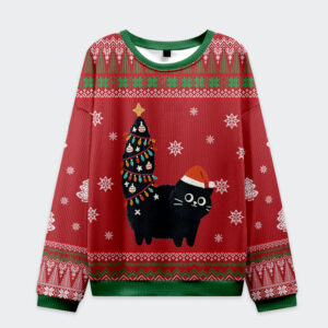 Front view of the purr-fectly festive Christmas cat sweatshirt featuring a black cat with a tree design on a red background.