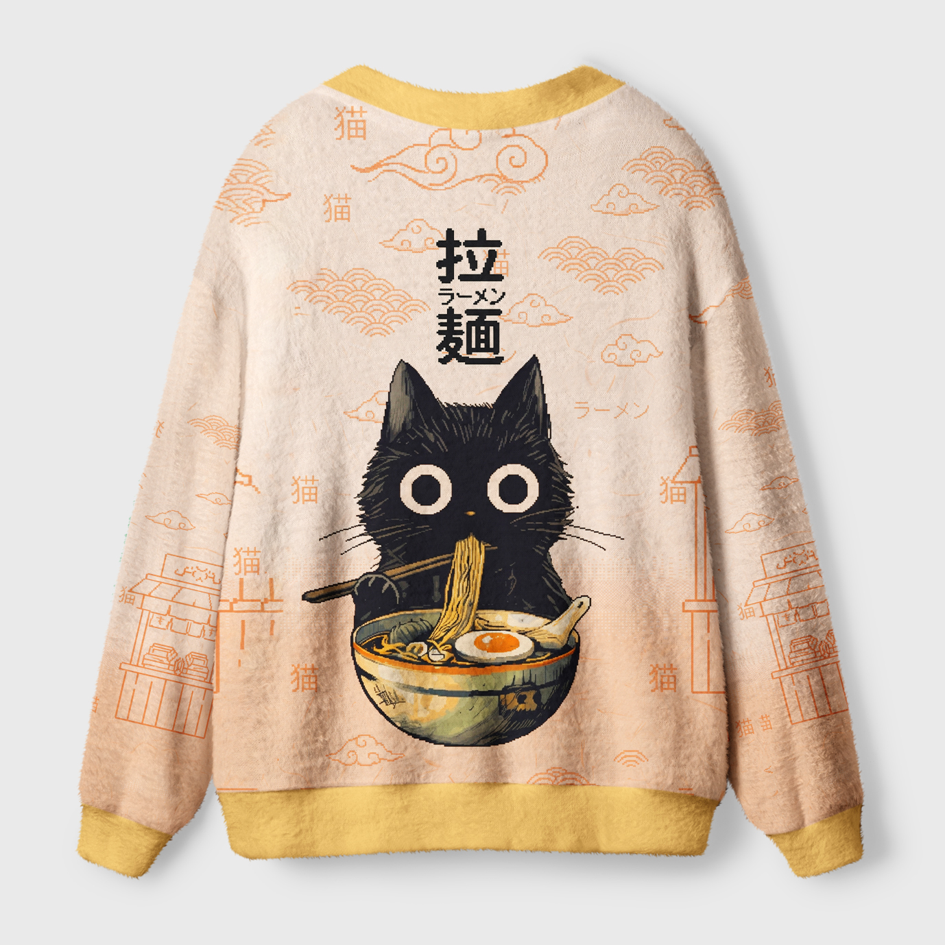Cat Ramen Feast Cardigan Sweater Back view of the cat ramen feast cardigan sweater, showcasing the soft fabric and playful ramen design details.