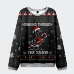 Front view of the funny goose honking through the snow sweatshirt featuring a festive goose and snowflakes.
