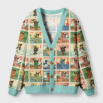 Front view of the ukiyo-e moth yokai cardigan sweater featuring vibrant Japanese art design and soft blue trim.