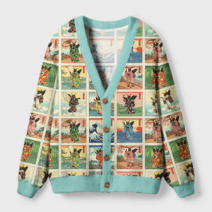 Front view of the ukiyo-e moth yokai cardigan sweater featuring vibrant Japanese art design and soft blue trim.