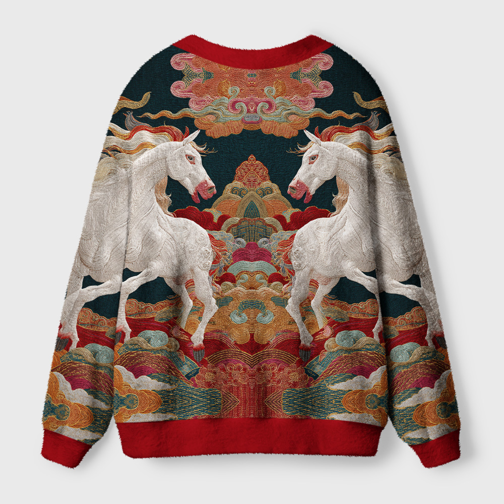 Celestial Steeds Cardigan Sweater | Auspicious Cloud Design Back view of the celestial steeds cardigan sweater displaying the exquisite auspicious cloud design in rich colors.