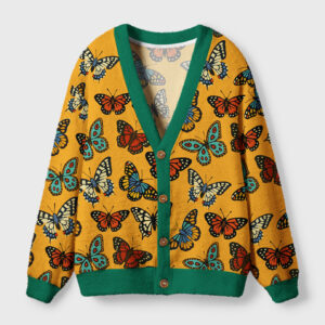 Front view of the Symphony of Wings cardigan sweater with vibrant butterfly prints on a yellow background.
