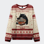 Front view of the Meowy Christmas Ramen sweatshirt featuring a playful cat design with festive colors.