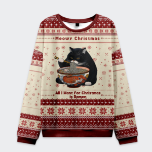 Front view of the Meowy Christmas Ramen sweatshirt featuring a playful cat design with festive colors.