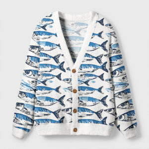 Front view of the oceanic fish cardigan sweater featuring blue fish designs on a white background.
