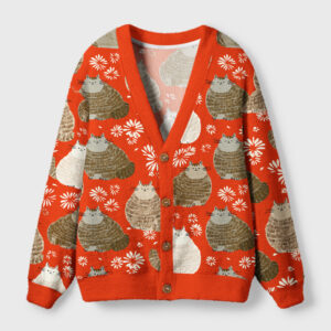 Front view of the fat cat cardigan sweater featuring a vibrant orange color and playful cat designs.