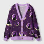 Front view of the moon cat cardigan sweater featuring a celestial cat design on a vibrant purple background.