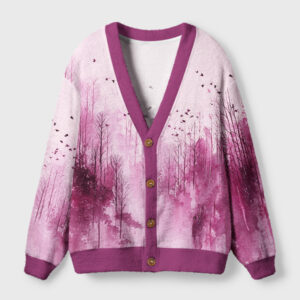 Front view of the rose-tinted dawn cardigan sweater featuring a floral sunrise design in soft pink hues.