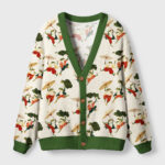 Front view of the Waltz of the Frogs cardigan sweater showcasing whimsical frog design and green trim.
