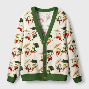 Front view of the Waltz of the Frogs cardigan sweater showcasing whimsical frog design and green trim.