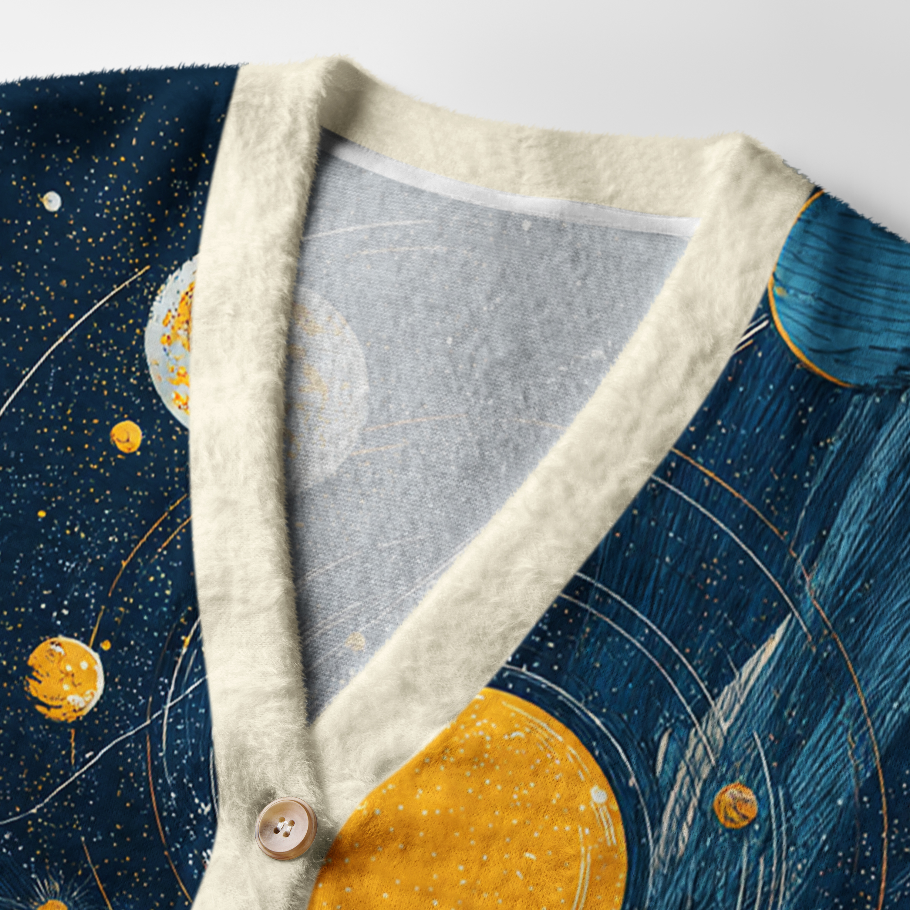 Sailing the Star River Cardigan Sweater Close-up detail of the Sailing the Star River Cardigan Sweater's intricate artwork, highlighting the celestial elements.