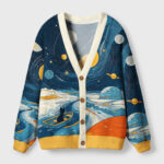 Front view of the Sailing the Star River Cardigan Sweater in navy, featuring celestial designs and cozy buttons.