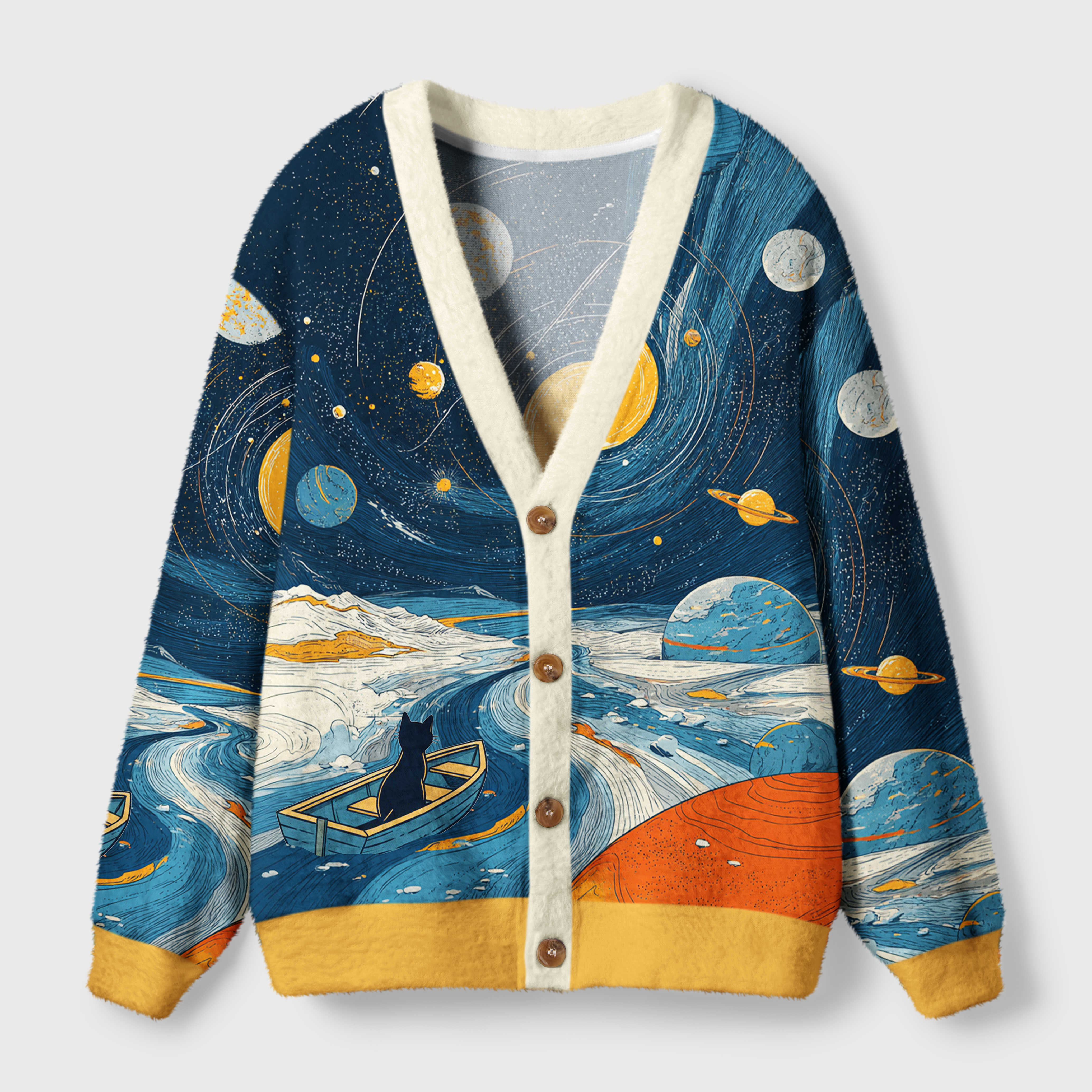 Sailing the Star River Cardigan Sweater Front view of the Sailing the Star River Cardigan Sweater in navy, featuring celestial designs and cozy buttons.