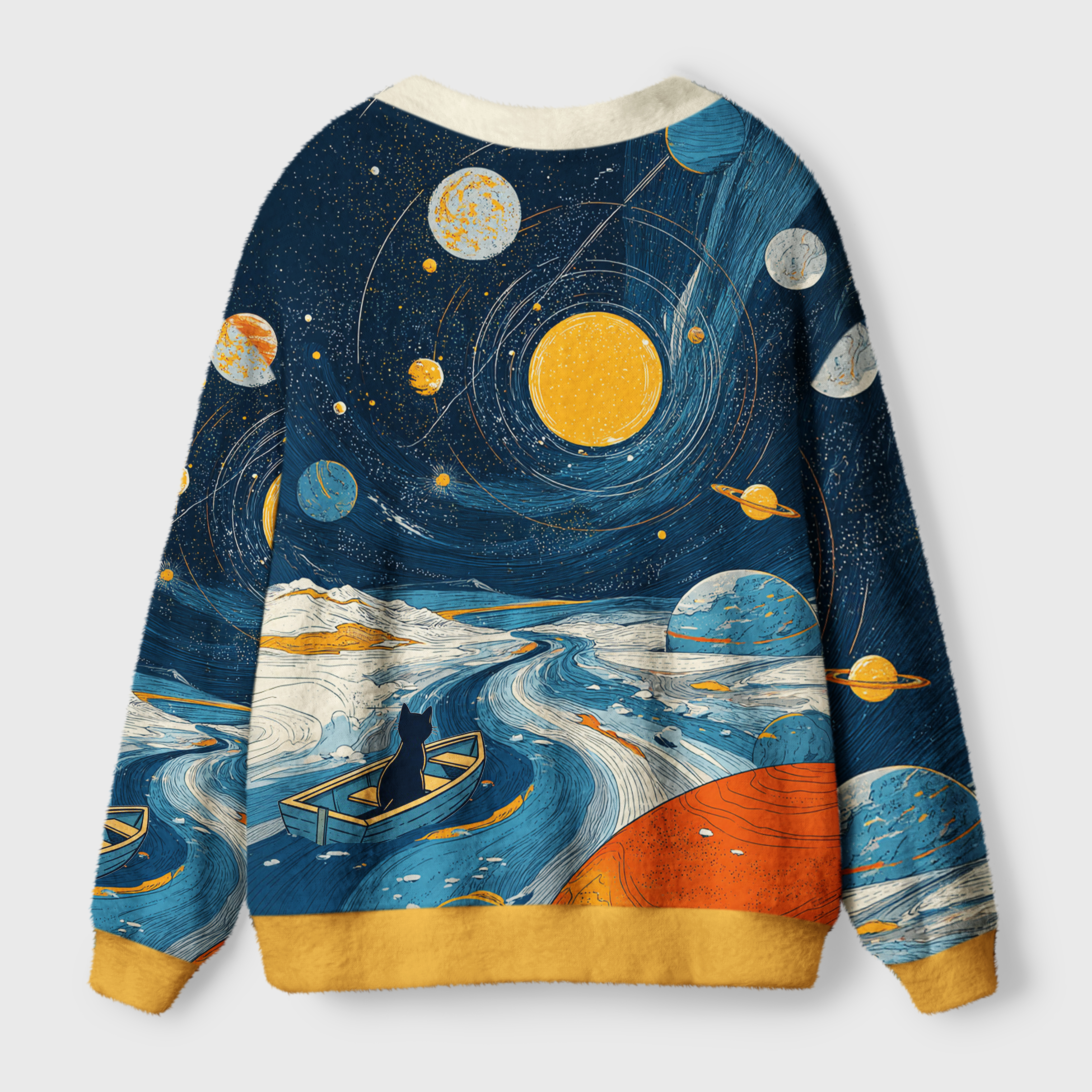 Sailing the Star River Cardigan Sweater Back angle of the Sailing the Star River Cardigan Sweater showcasing the vibrant cosmic scene and soft texture.