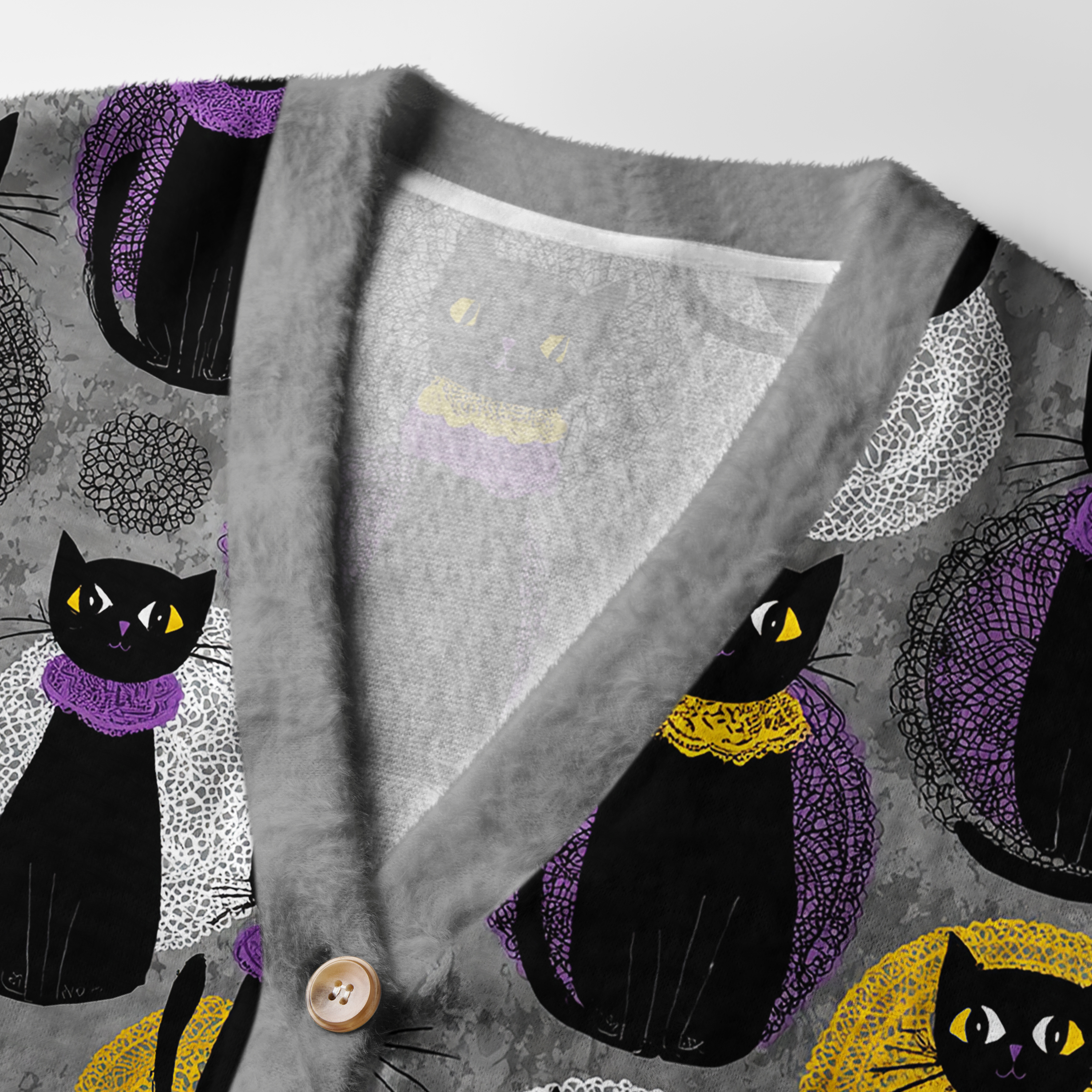 Cozy Coven Cardigan Sweater | Witchy Fantasy Design Detail shot of the cozy coven cardigan sweater highlighting the vibrant cat illustrations and soft fabric texture.