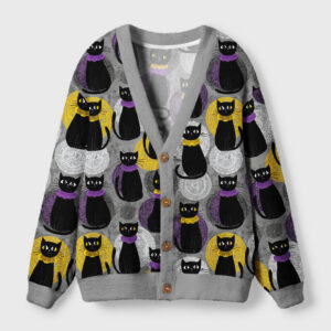 Cozy coven cardigan sweater in gray with playful black cats, showcasing buttons and a v-neck design from the front view.