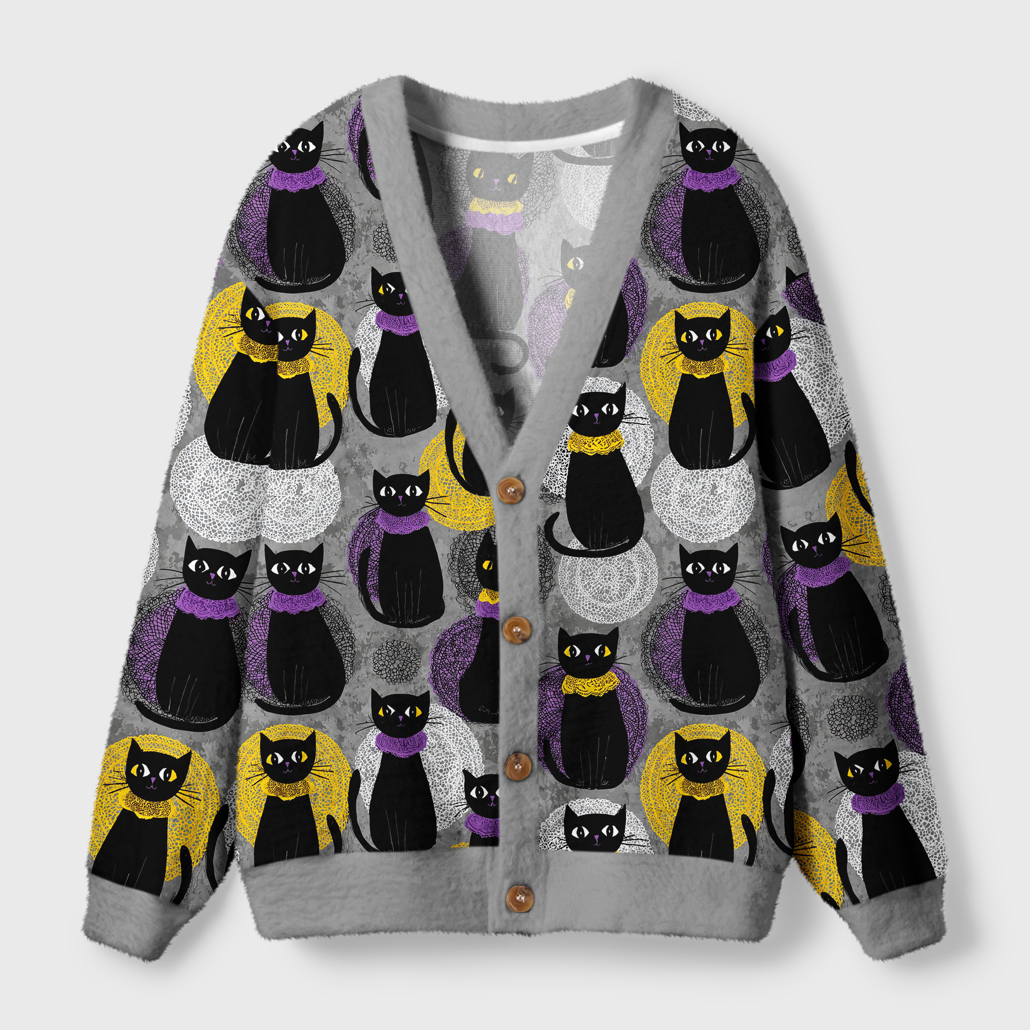 Cozy Coven Cardigan Sweater | Witchy Fantasy Design Cozy coven cardigan sweater in gray with playful black cats, showcasing buttons and a v-neck design from the front view.