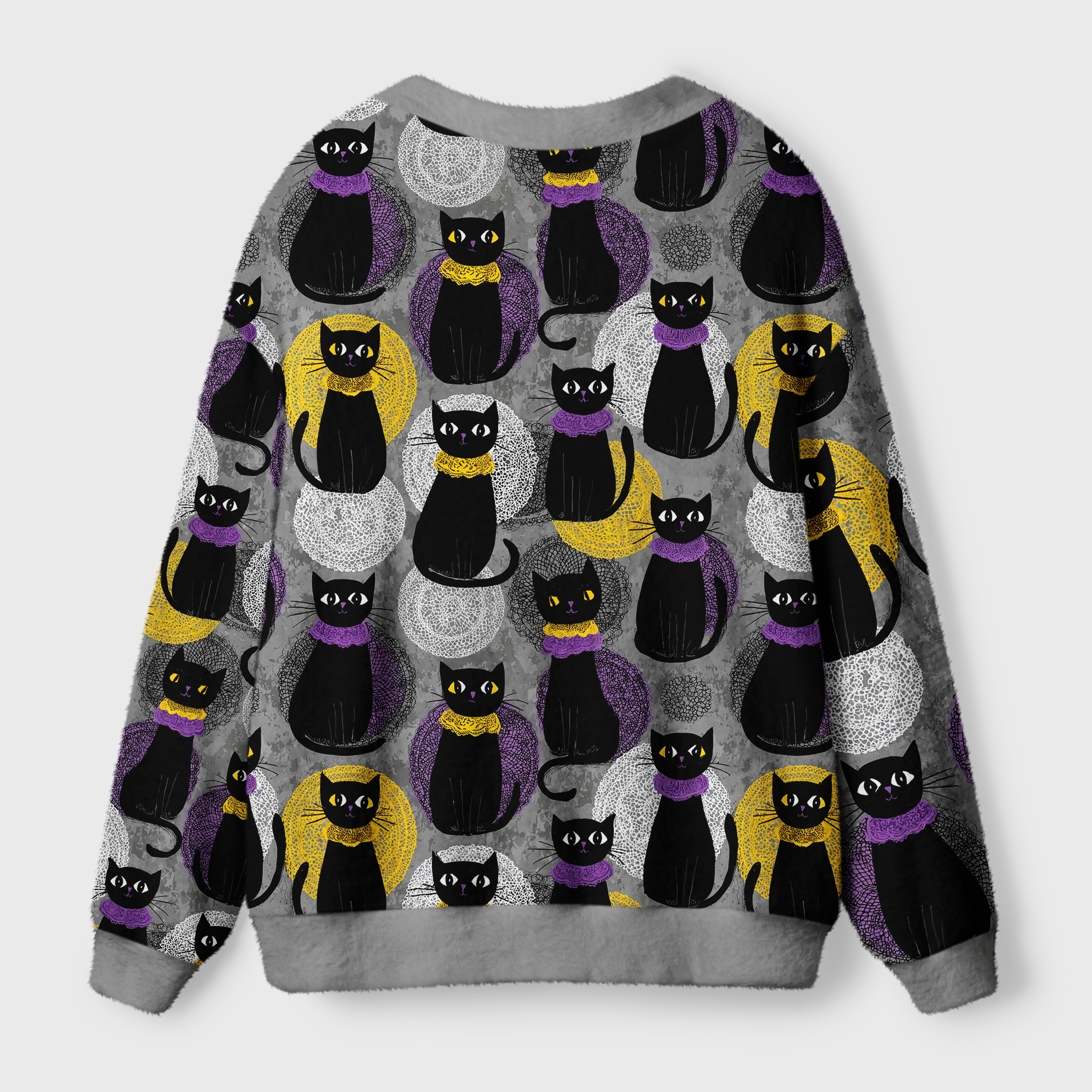 Cozy Coven Cardigan Sweater | Witchy Fantasy Design Back view of the cozy coven cardigan sweater featuring a whimsical cat pattern, perfect for layering on chilly nights.