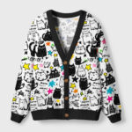Front view of the cosmic cat doodles cardigan sweater featuring a vibrant celestial cat design with bright colors.
