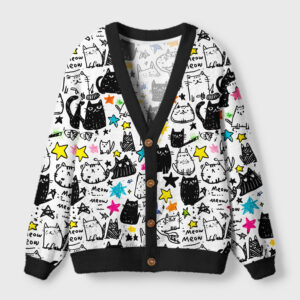 Front view of the cosmic cat doodles cardigan sweater featuring a vibrant celestial cat design with bright colors.