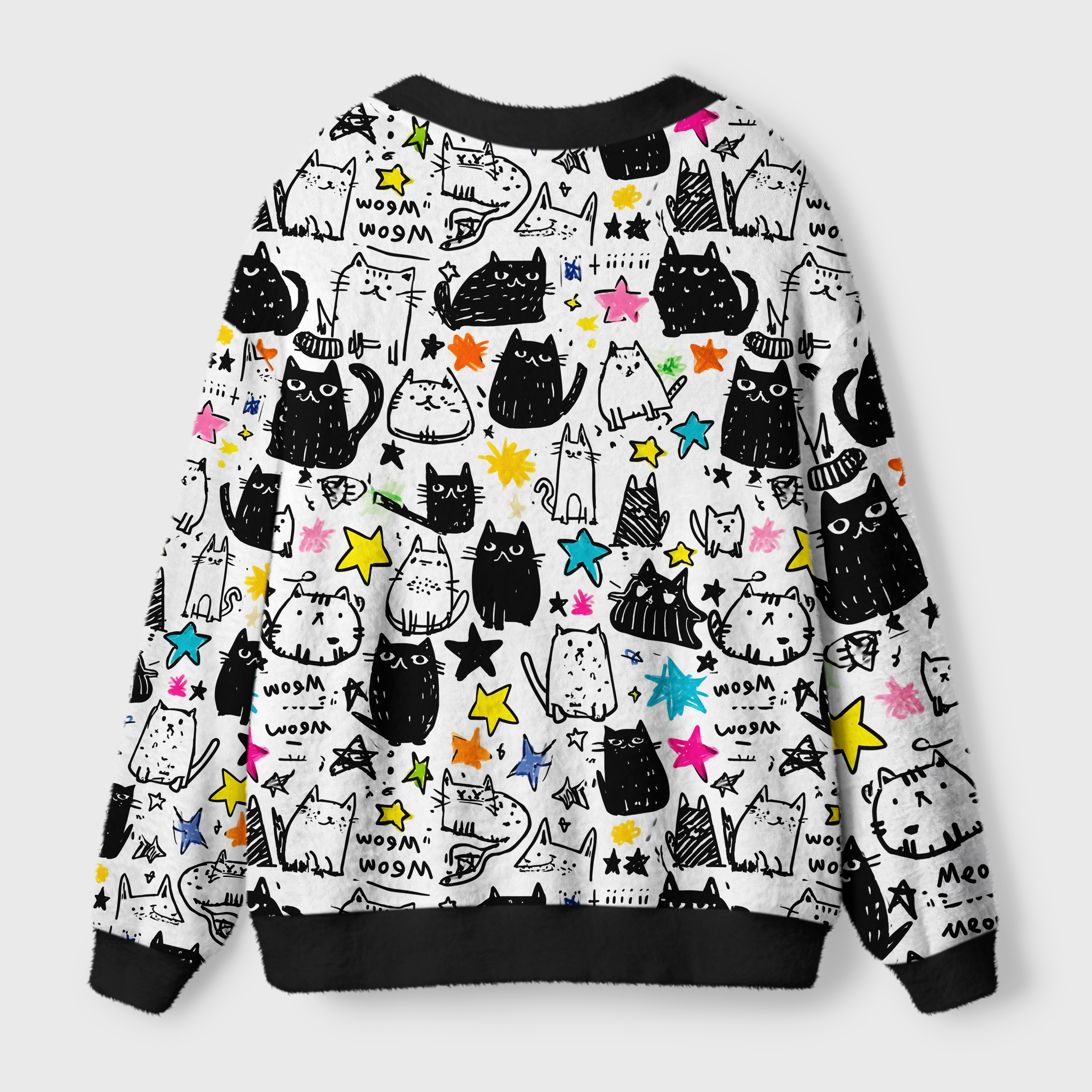 Cosmic Cat Doodles Cardigan Sweater | Celestial Cat Design Back angle of the cosmic cat doodles cardigan sweater showcasing the playful cat illustrations and star patterns.