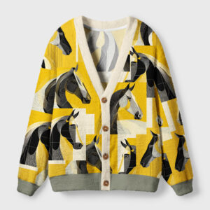 Front view of the golden gallop cardigan sweater featuring vibrant horse art design on a yellow background.