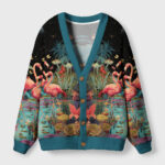 Front view of the midnight flamingo cardigan sweater featuring vibrant tropical bird design and teal accents.