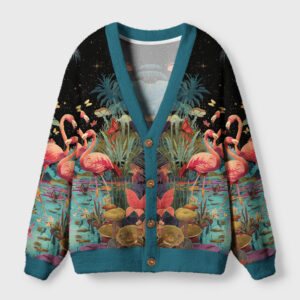 Front view of the midnight flamingo cardigan sweater featuring vibrant tropical bird design and teal accents.