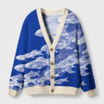 Front view of the blueprint of the sea cardigan sweater featuring a vibrant blue color and intricate fish design.