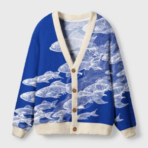 Front view of the blueprint of the sea cardigan sweater featuring a vibrant blue color and intricate fish design.