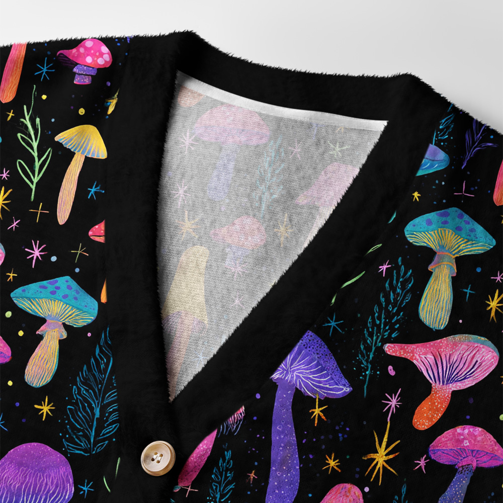 Magic Mushroom Cardigan Sweater | Psychedelic Forest Design Close-up detail of the magic mushroom cardigan sweater highlighting the intricate designs of mushrooms and plants.