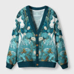 Front view of the blue meadow reverie cardigan sweater featuring a vibrant floral nature design in teal.