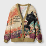 Front view of the More Espresso Less Depresso cat cardigan featuring vibrant floral patterns and a playful black cat design.