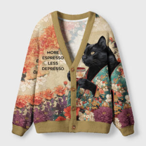 Front view of the More Espresso Less Depresso cat cardigan featuring vibrant floral patterns and a playful black cat design.