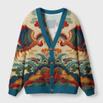 Vermilion phoenix cardigan sweater with intricate design, showcasing vibrant colors from the front view.