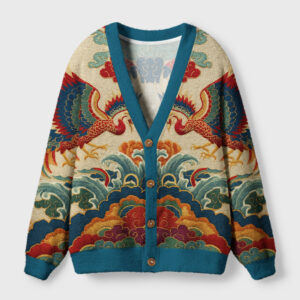 Vermilion phoenix cardigan sweater with intricate design, showcasing vibrant colors from the front view.
