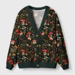 Front view of the enchanted mushroom forest cardigan, showcasing vibrant floral and mushroom patterns on a dark background.