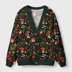Front view of the enchanted mushroom forest cardigan, showcasing vibrant floral and mushroom patterns on a dark background.