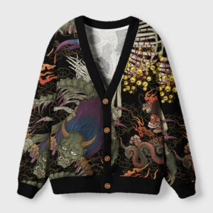 Front view of the yokai & skeletons cardigan sweater showcasing vibrant folklore designs and bold colors.