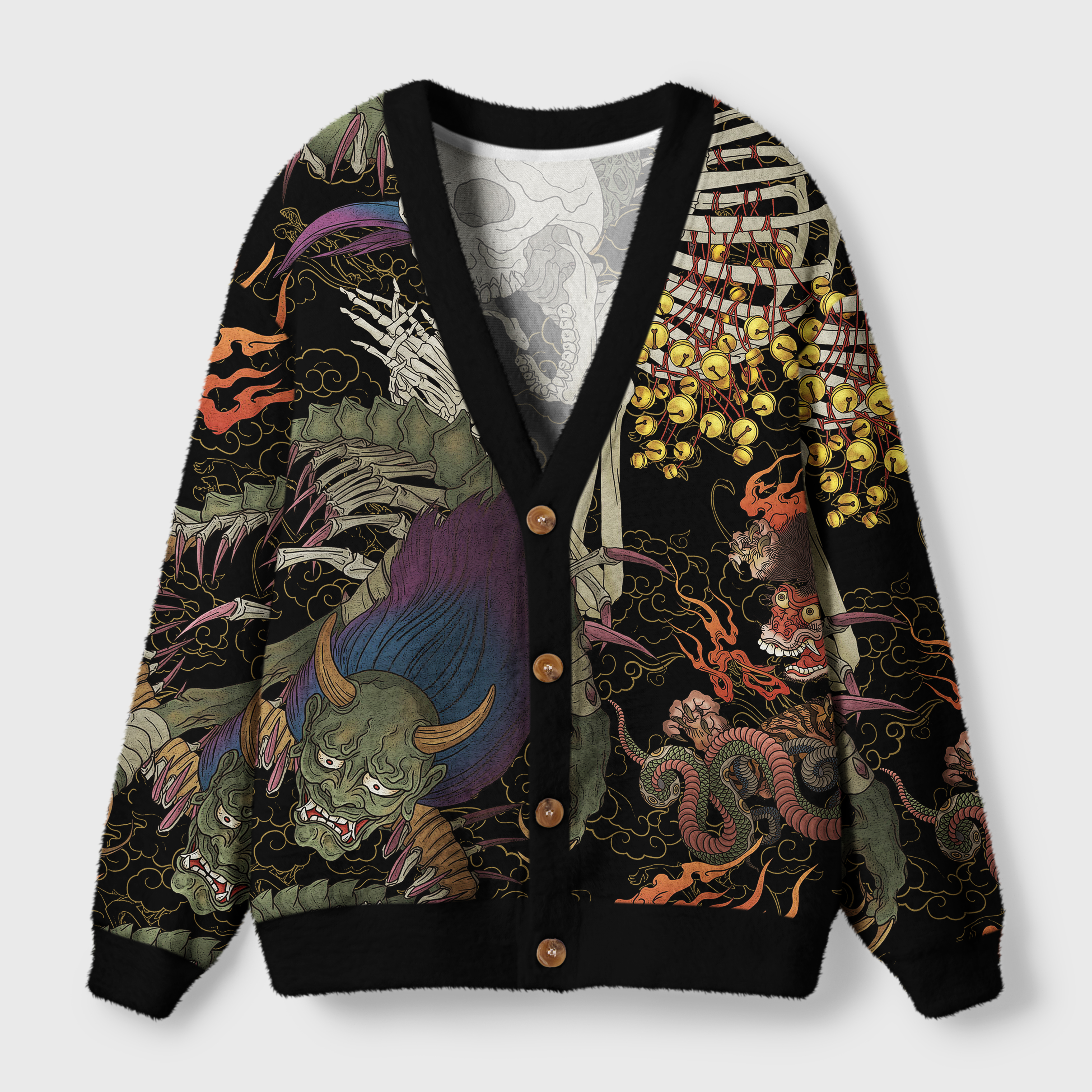 Yokai & Skeletons Cardigan Sweater Front view of the yokai & skeletons cardigan sweater showcasing vibrant folklore designs and bold colors.