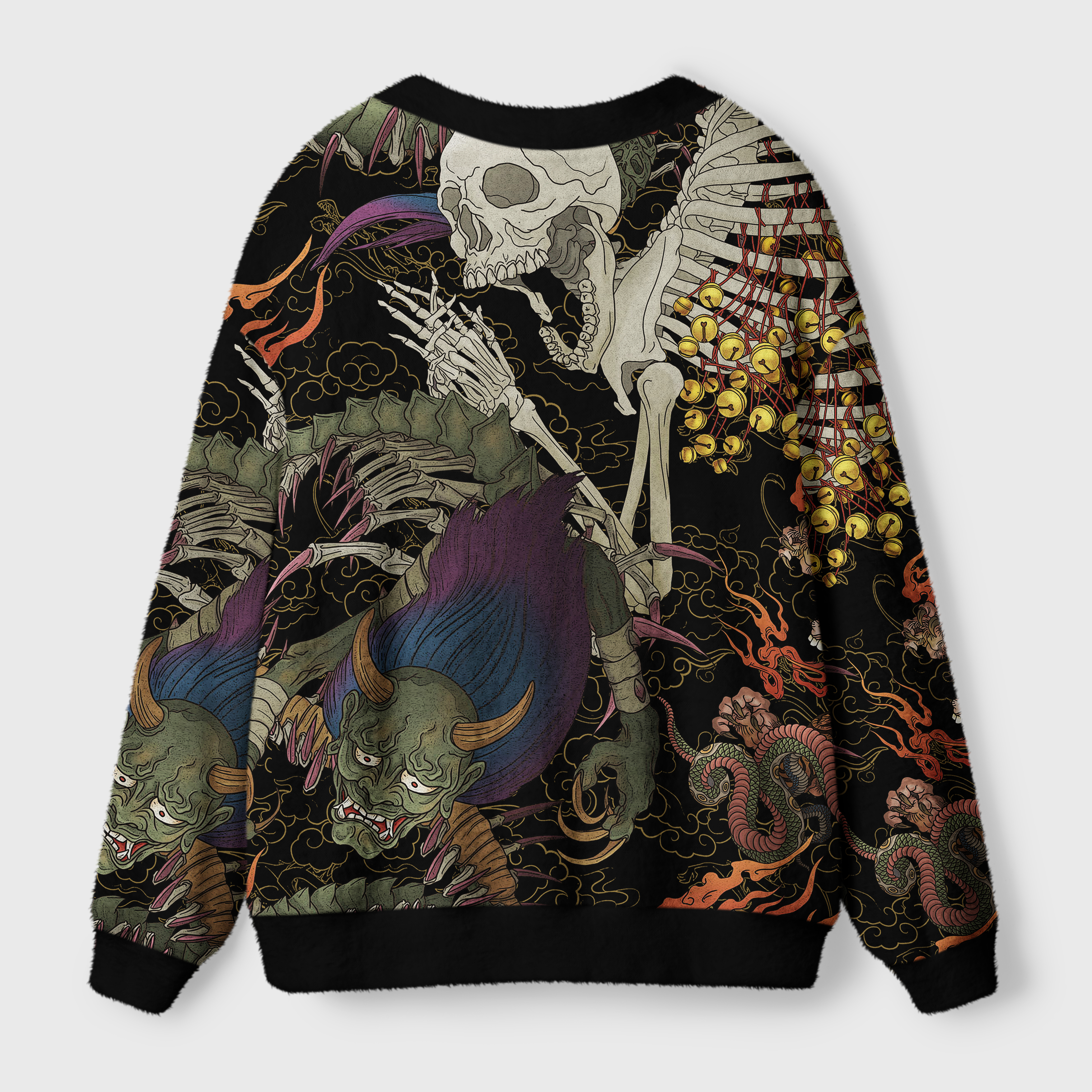 Yokai & Skeletons Cardigan Sweater Back angle of the yokai & skeletons cardigan sweater featuring intricate details and a unique Japanese folklore theme.