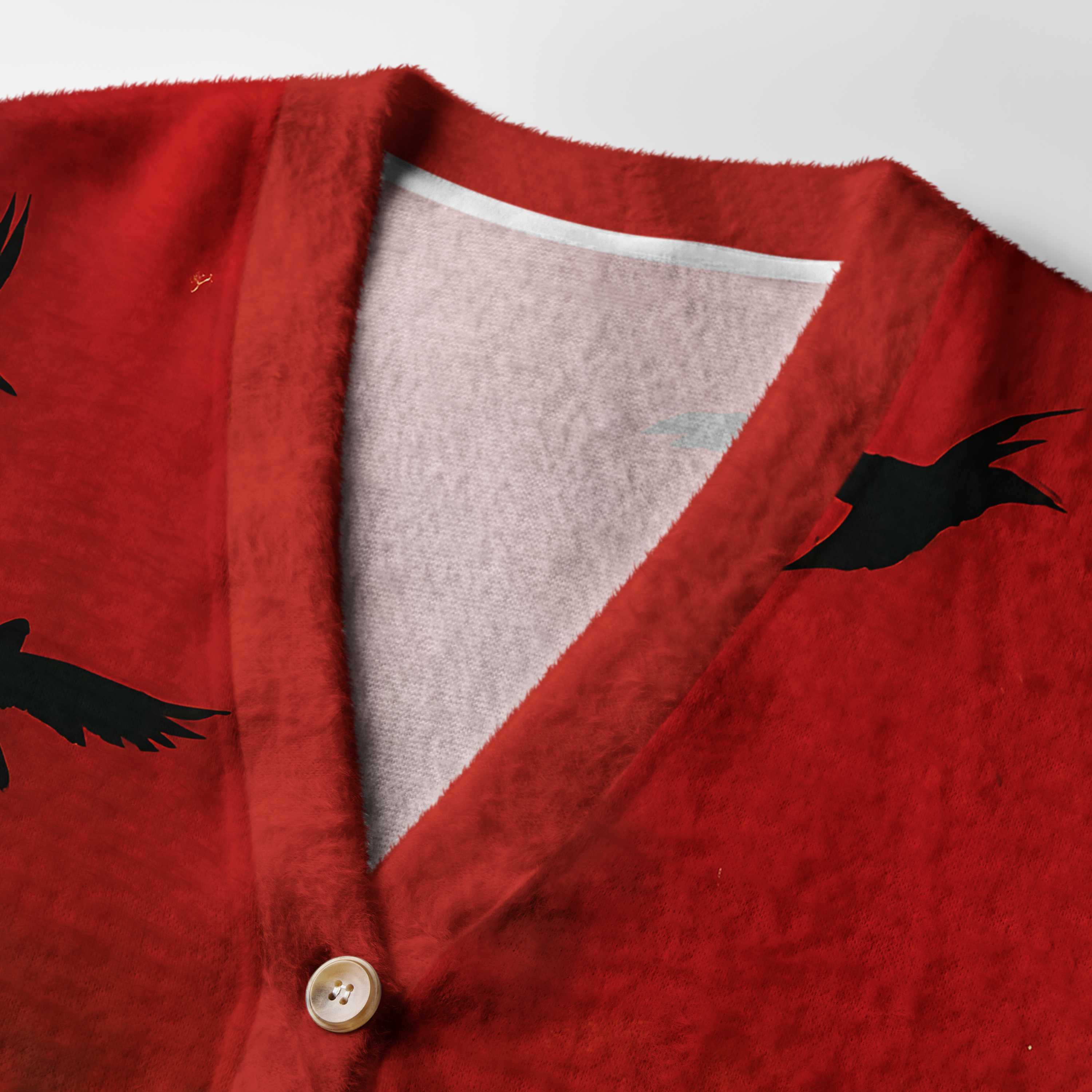 Blood Night Samurai Cardigan Sweater | Dark Japanese Design Close-up detail of the blood night samurai cardigan sweater's texture and button features, emphasizing its artistic craftsman