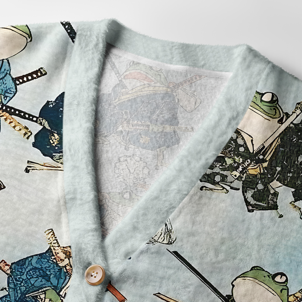 Frog Samurai Cardigan Sweater Close-up detail of the frog samurai cardigan sweater highlighting the unique Japanese animal design and soft texture.