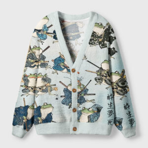 Front view of the frog samurai cardigan sweater featuring a light blue color with intricate frog designs.